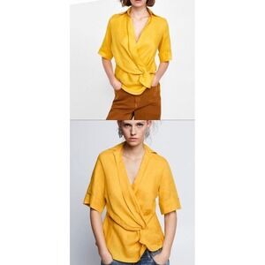 Linen Wrap Top Knotted Front Short Sleeve  ZARA Mustard Yellow Boho Minimalist